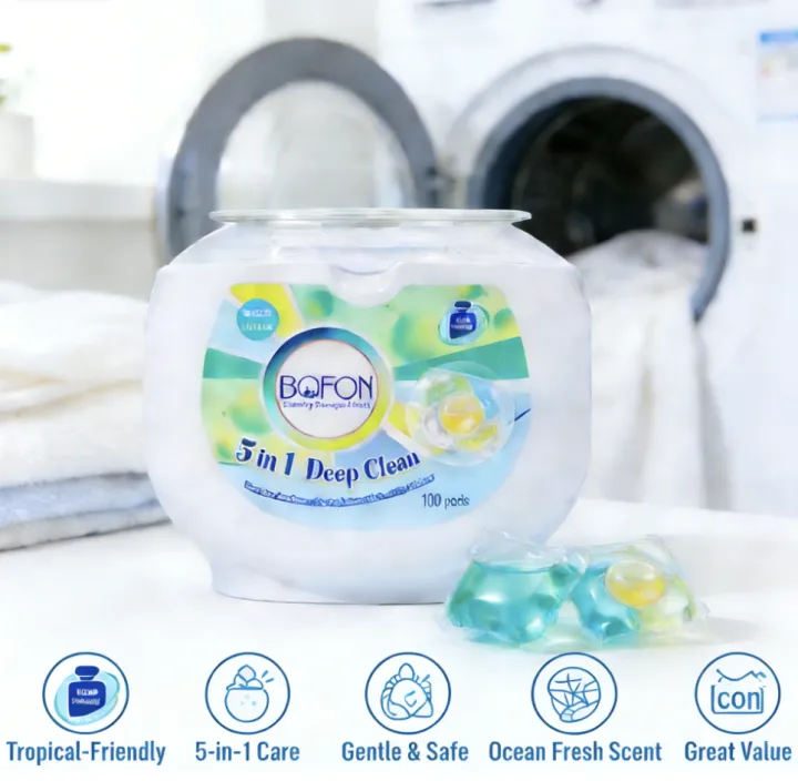 BOFON 5-in-1 Laundry Capsules Antibacterial Anti-Mite Fragrance Odor Removal 100 Pods/200pods new pack